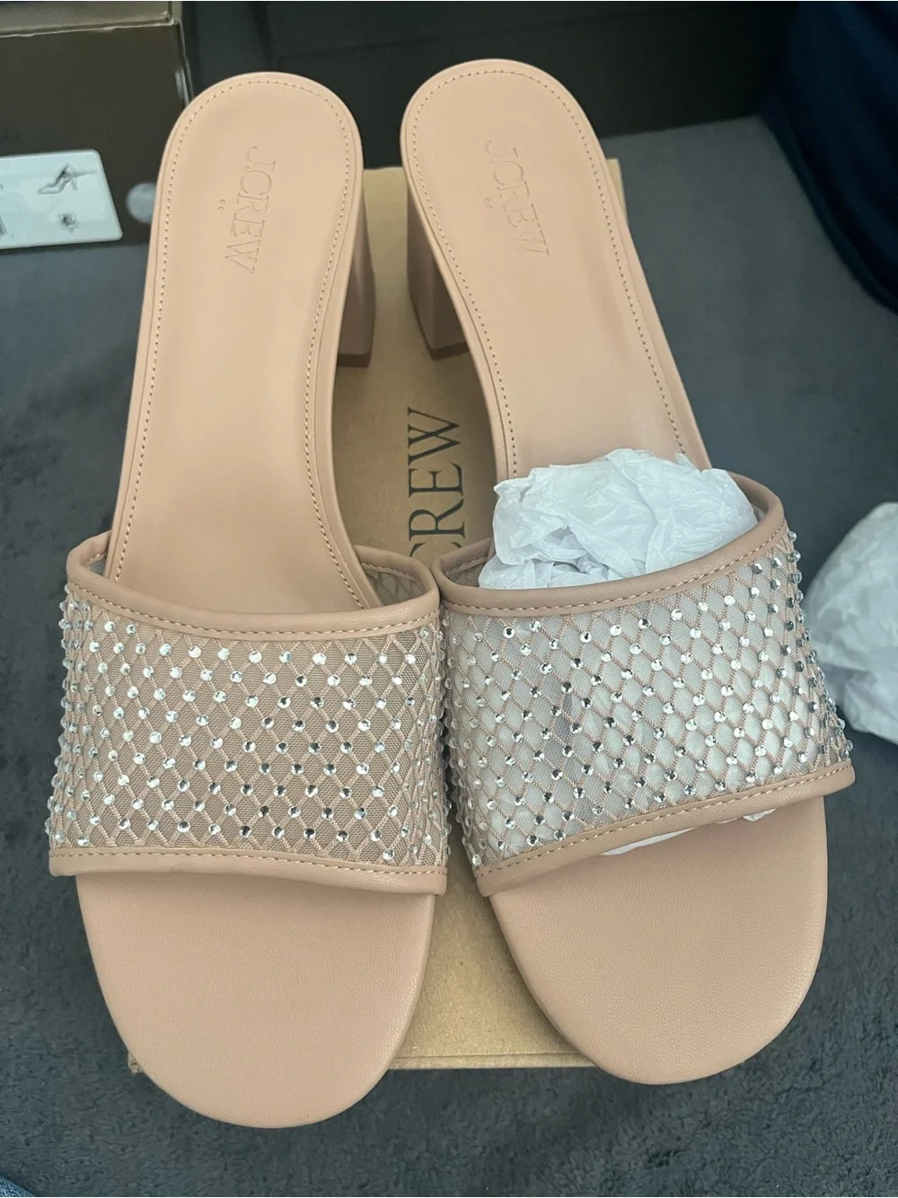 NWT J.Crew Rhinestone Mesh Mule Heels Size 12 | Nude Block Heel